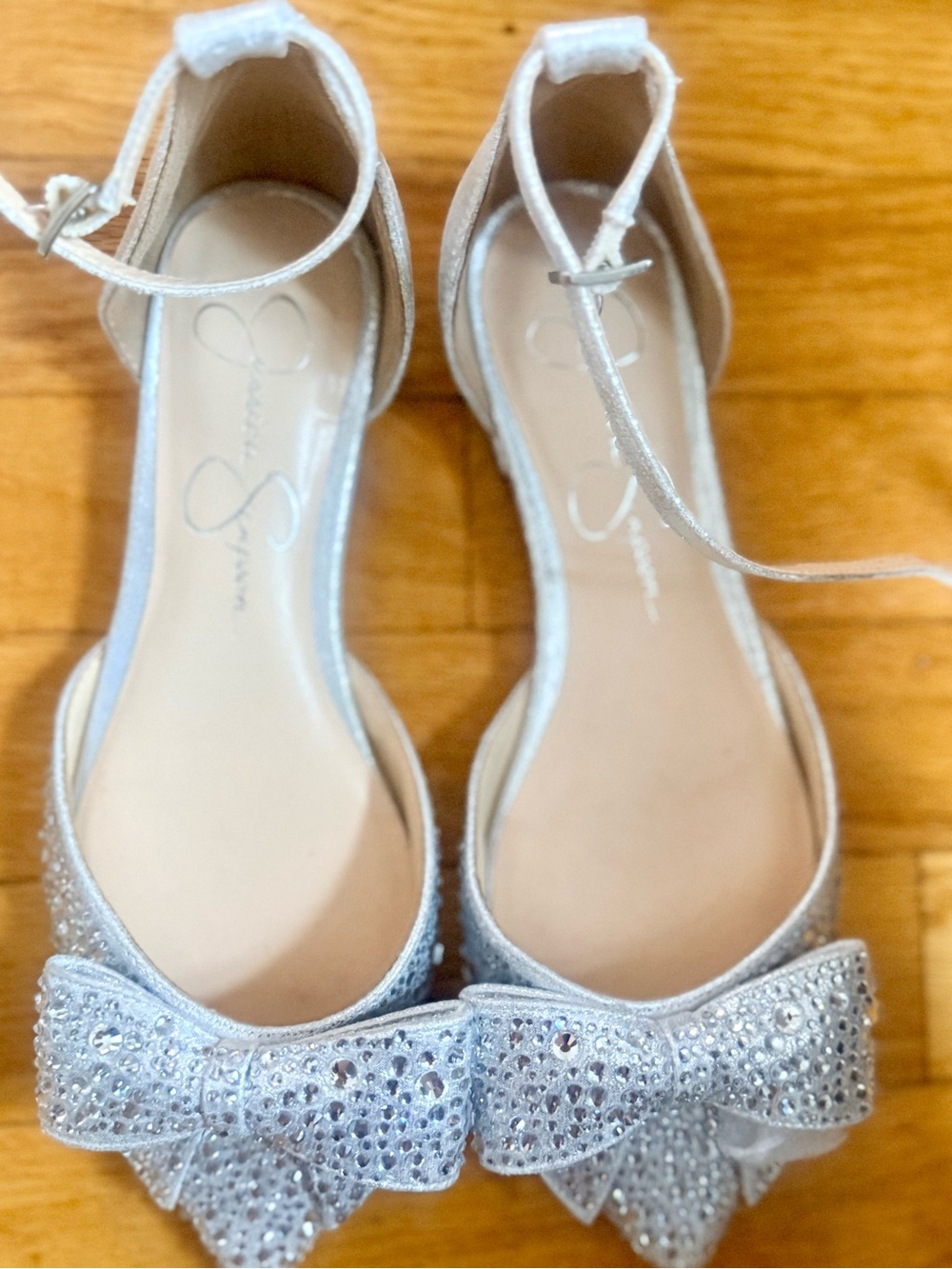 Jessica Simpson Silver Crystal Bow Ankle-Strap Flats new without tags